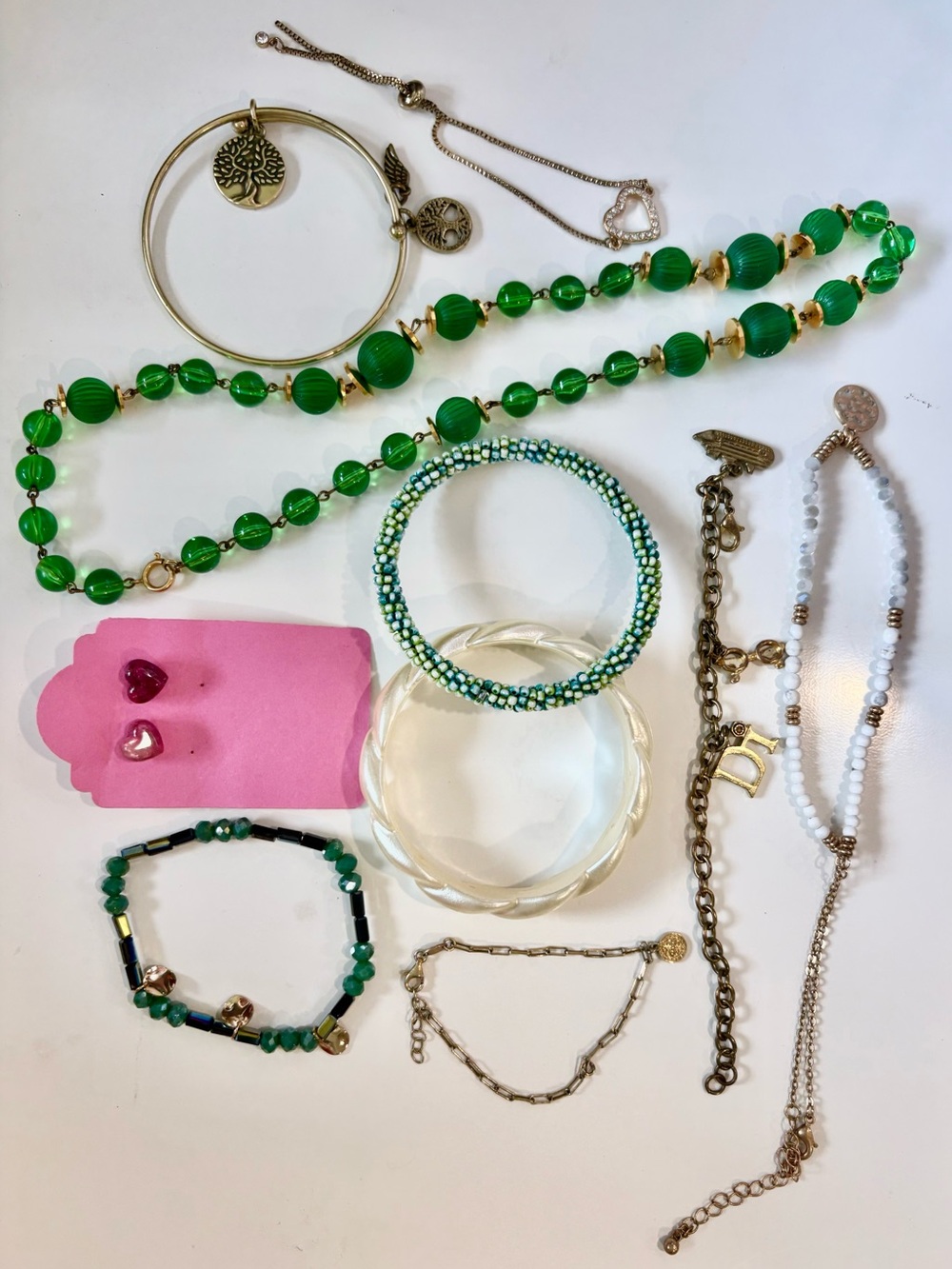 Bundle of Assorted Vintage Style Green Beaded Bracelet and Jewelry